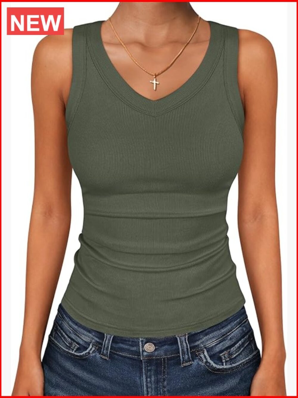 Women's V Neck Ribbed Knit Slim Fitted Sleeveless Tank Top Casual Summer Tee